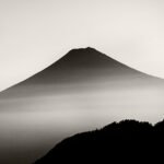 Black and white photograph by Bernard Donjean that shows the Mount Fuji during a foggy morning (name of the photograph : Misty Fujisan)