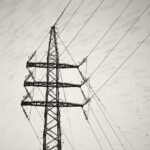 Black and white photograph by Bernard Donjean that shows tens of birds laid on the top of an electric pylon (name of the photograph : Starlings' Stop)