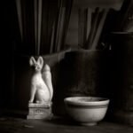 Black and white photograph by Bernard Donjean that shows a small Kitsune figurine (name of the photograph : Kitsune Figurine)