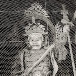 Black and white photograph by Bernard Donjean that shows a statue of Jikokuten (guardian deity) located inside of the central gate of Todai-ji temple in Nara (name of the photograph : Jikokuten Statue)