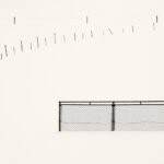 Black and white photograph by Bernard Donjean that shows a fence and several stakes marking the boundary of a snow-covered baseball field (name of the photograph : Baseball Field Boundary)