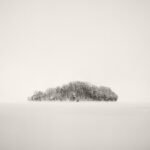 Black and white photograph by Bernard Donjean that shows a island covered with a snowy grove (name of the photograph : White Island)