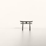 Black and white photograph by Bernard Donjean that shows a torii in the Biwa lake (name of the photograph : Biwa Lake's Torii)