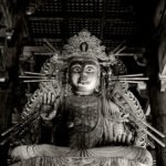 Black and white photograph by Bernard Donjean that shows a Nyoirin Kannon Bodhisattva statue located in Tôdai-ji temple in Nara (name of the photograph : Nyoirin Kannon Bodhisattva Statue)