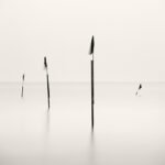 Black and white photograph by Bernard Donjean that shows four flagged poles that emerge from the surface of the sea (name of the photograph : Four Flagged Poles)