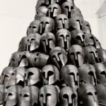 Black and white photograph by Bernard Donjean that shows the greek monument of the Interallied Memorial in Liège (name of the photograph : Spartan Helmet Pyramid)