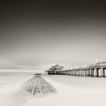 Black and white photograph by Bernard Donjean that shows the Belgium Pier in Blankenberge (name of the photograph : Belgium Pier, #2)